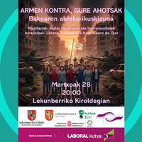 “Armen kontra, gure ahotsak” bakearen aldeko ikuskizuna eskeiniko dute larunbatean Lekunberriko kiroldegian