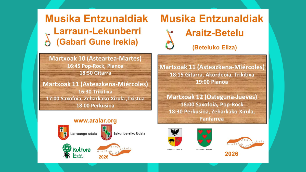 Aralar Udal Musika Eskolak entzunaldiak eskeiniko ditu Larraunen eta Betelun