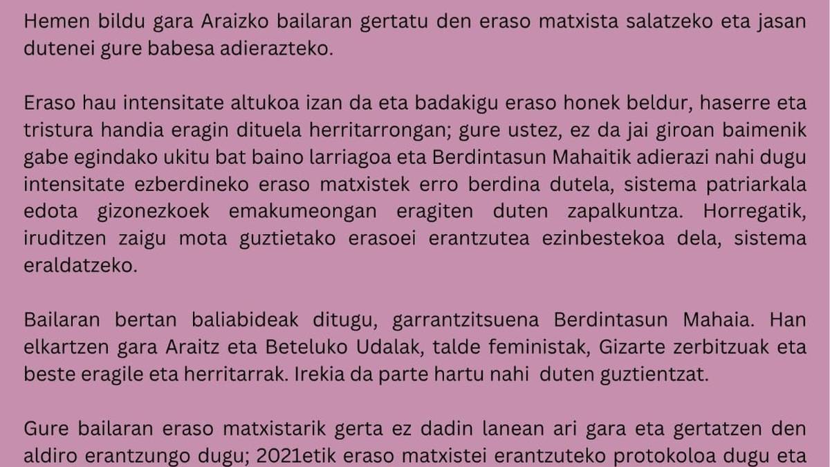 Araitzen gertatutako eraso matxista salatu du Araitz eta Beteluko Berdintasun Mahaiak