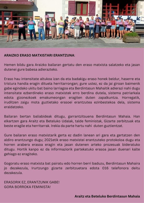 Araitzen gertatutako eraso matxista salatu du Araitz eta Beteluko Berdintasun Mahaiak
