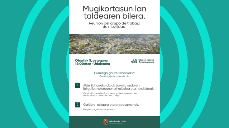 Mugikortasun lan taldearen bilera, bihar 18:00etan Lekunberriko Udaletxean